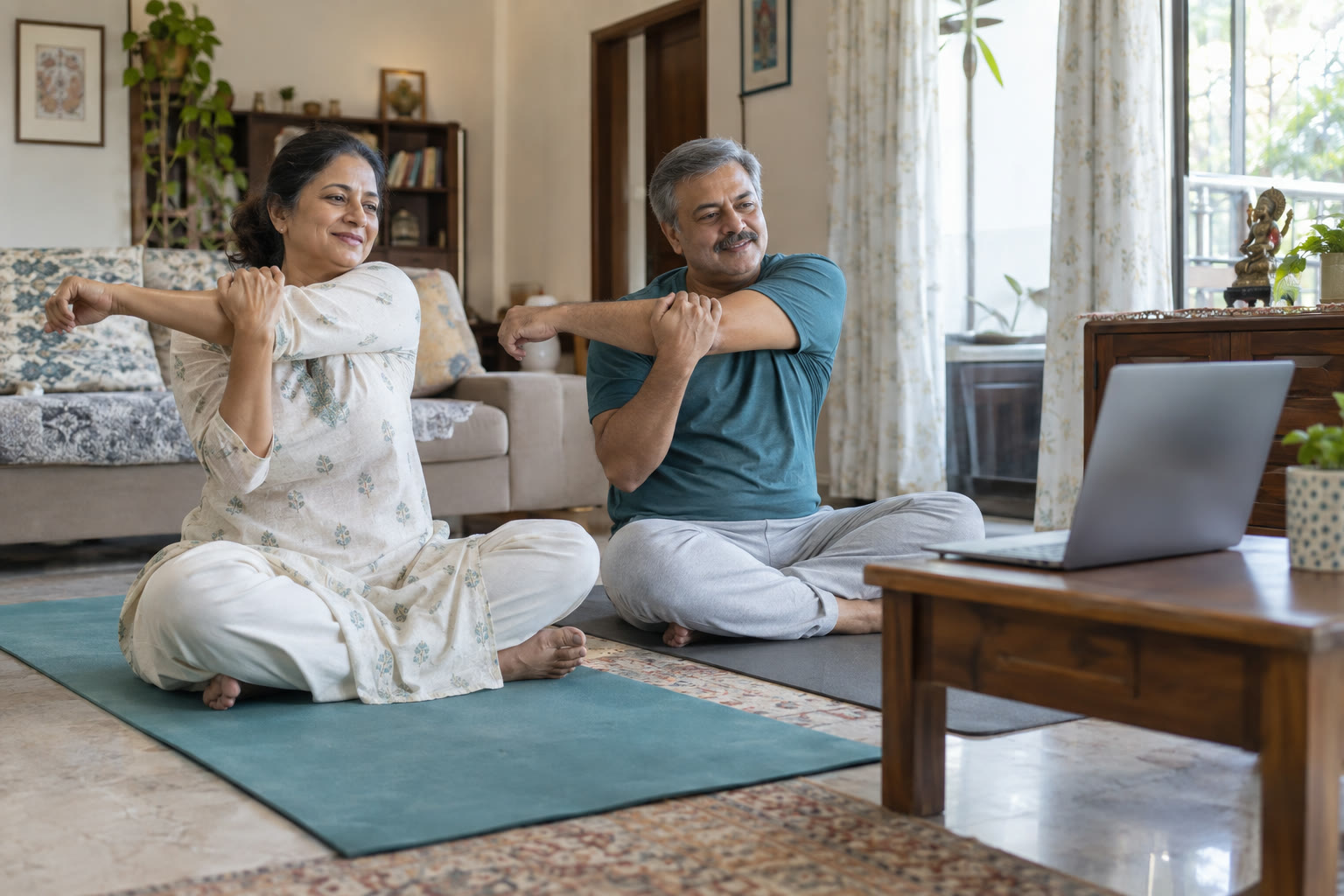 A couple practising yoga at home, following a live online session on a laptop